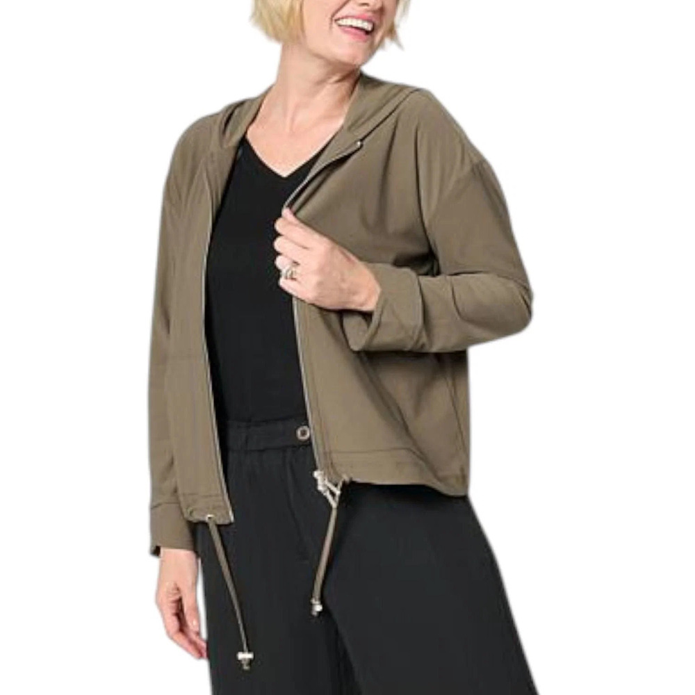 WynneCollection Women's Luxe Crepe Drawstring Hem Hoodie Bark - Regular